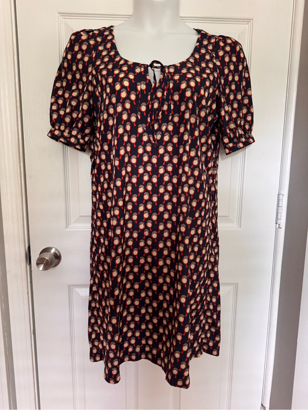 DownEast Navy Printed Short Sleeve Midi Dress with Red & Cream Motif M